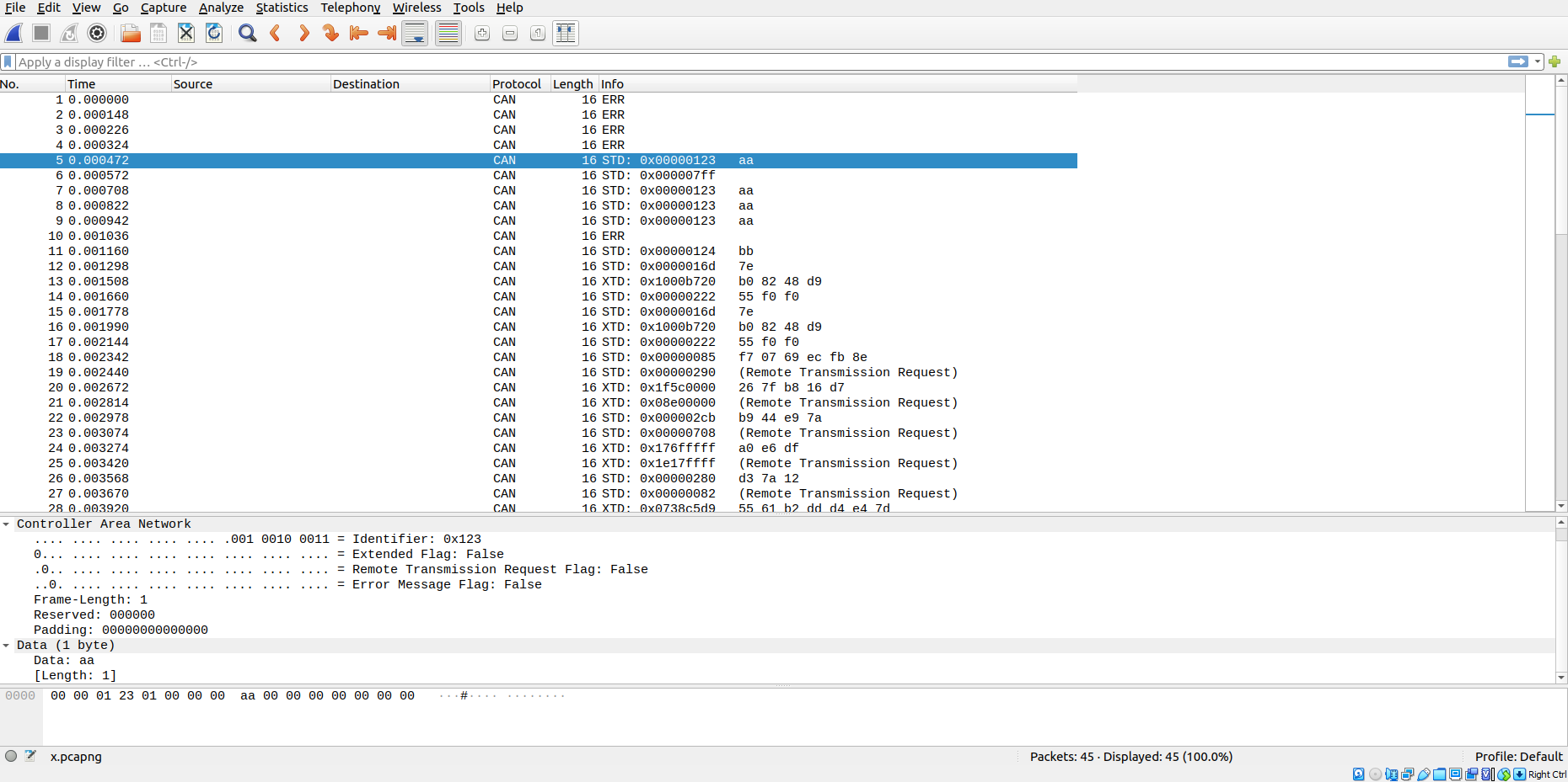 CAN protocol decoding via Wireshark